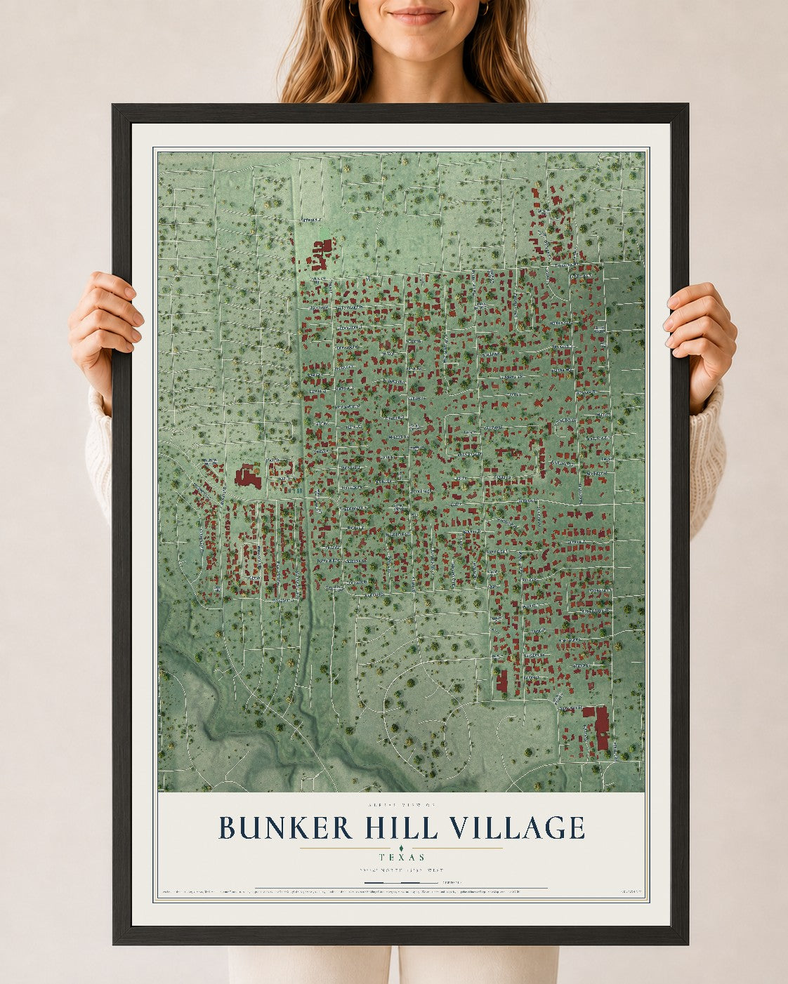 Map of Bunker Hill Village, Texas, 24 x 36 inch print in a black wood frame