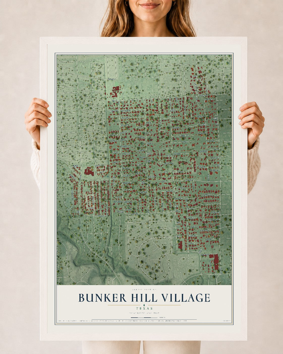 Map of Bunker Hill Village, Texas, 24 x 36 inch print in a white wood frame