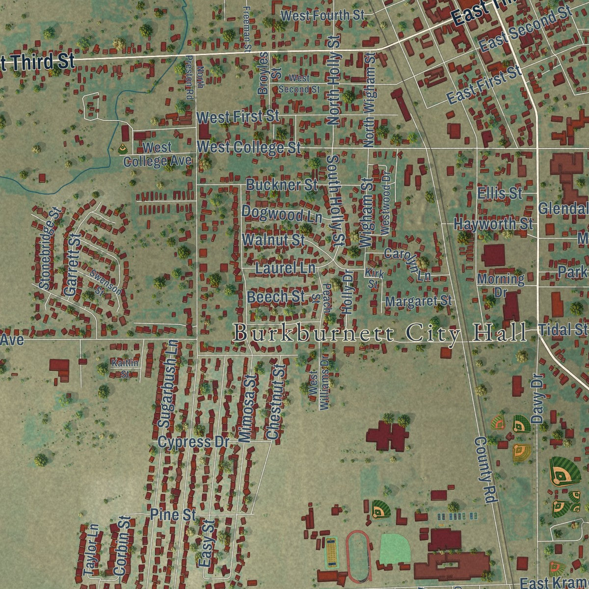 Close-up of the map of Burkburnett, Texas print showing street and building detail