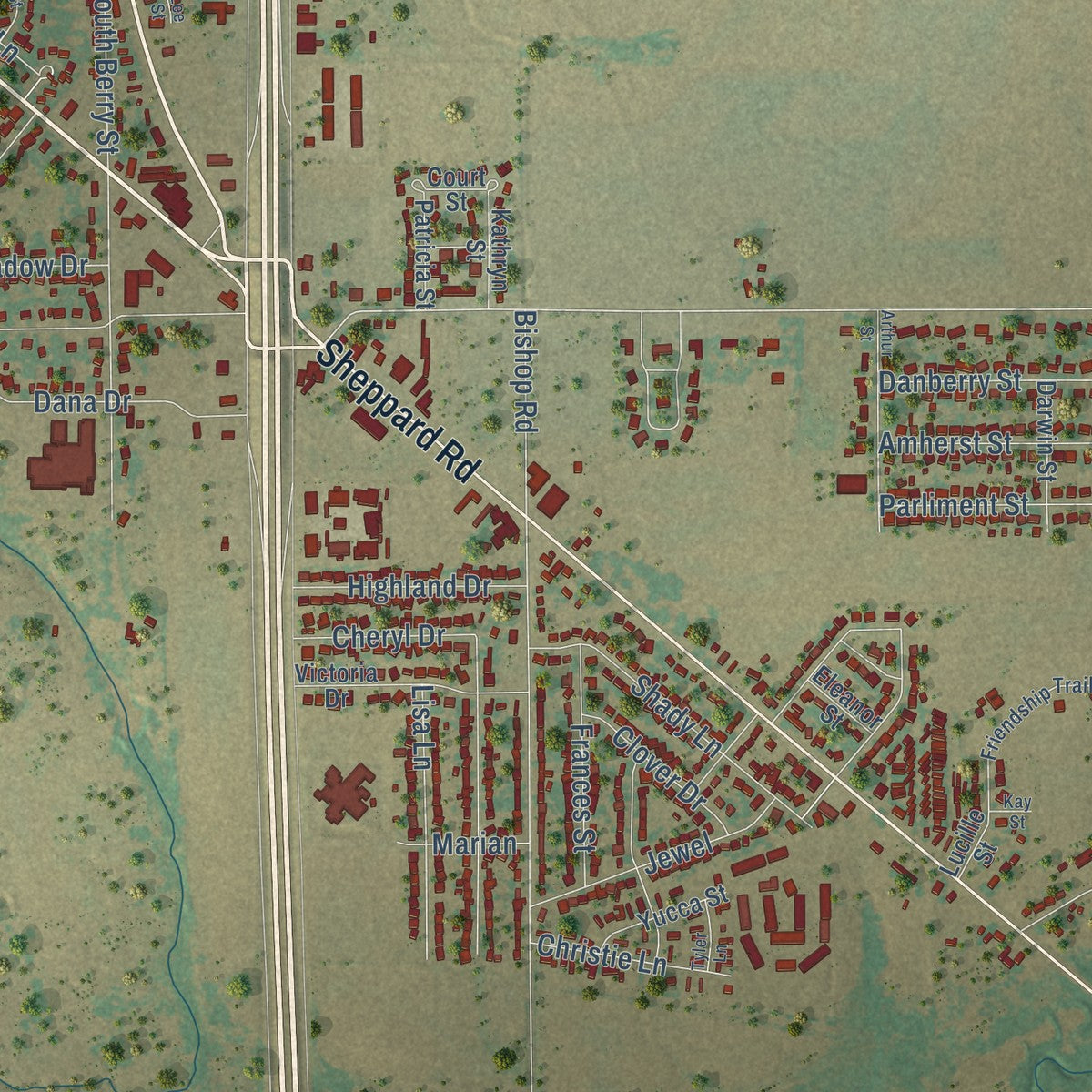Second close-up of the map of Burkburnett, Texas print showing more streets and buildings