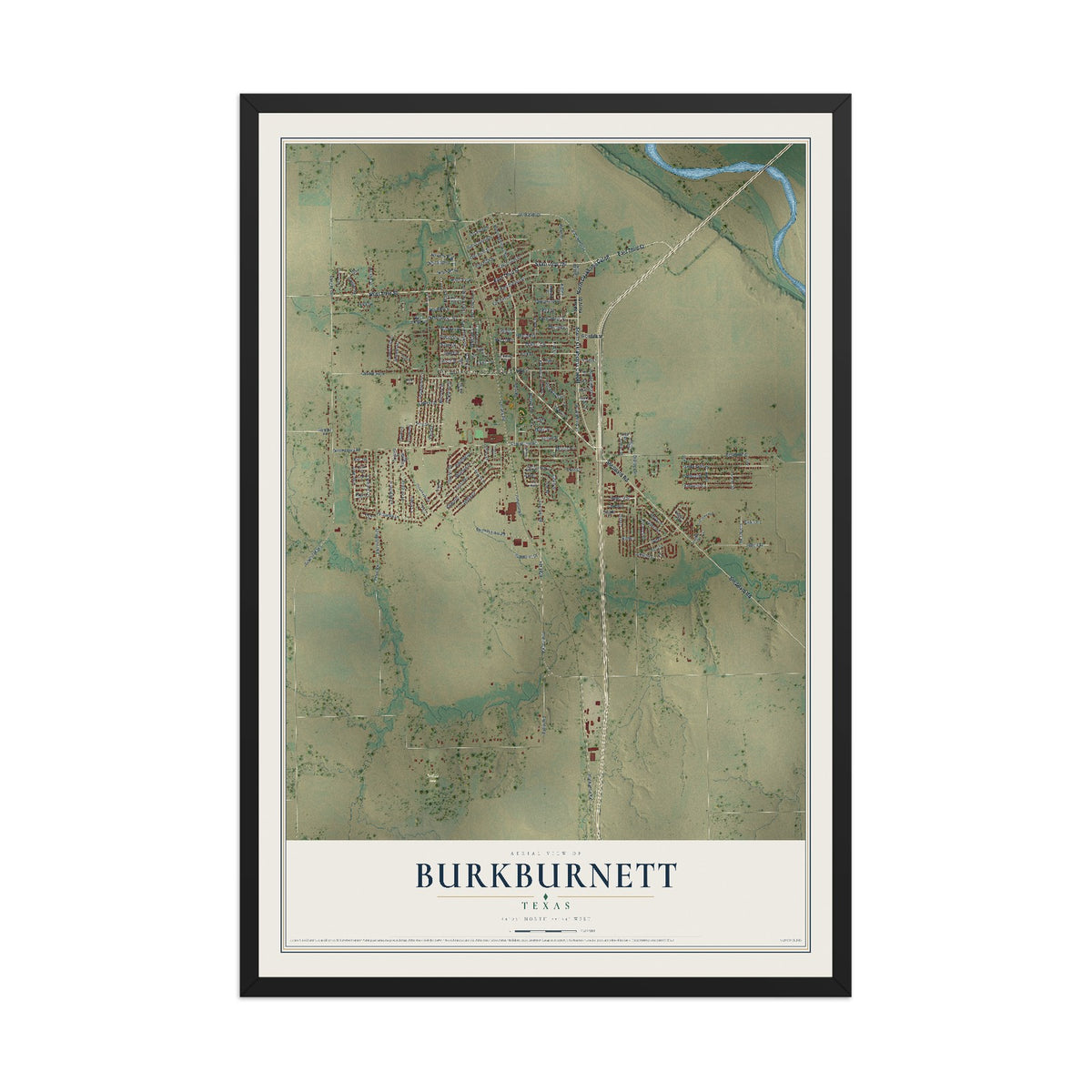 Map of Burkburnett, Texas, 12 x 18 inch print in a black wood frame