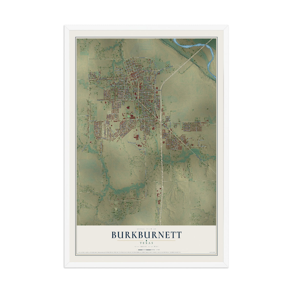 Map of Burkburnett, Texas, 12 x 18 inch print in a white wood frame