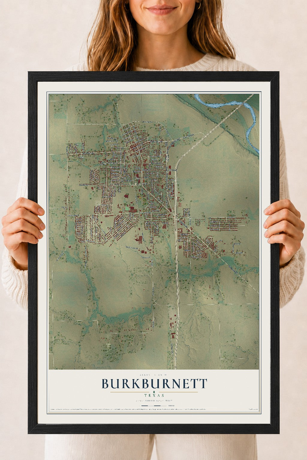 Map of Burkburnett, Texas, 18 x 24 inch print in a black wood frame