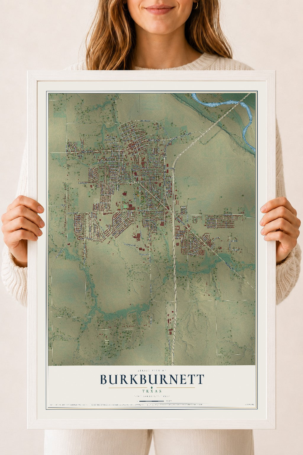 Map of Burkburnett, Texas, 18 x 24 inch print in a white wood frame