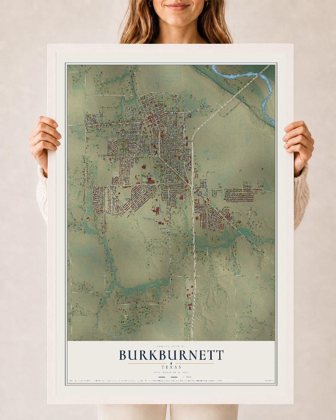 Map of Burkburnett, Texas, 24 x 36 inch print in a white wood frame