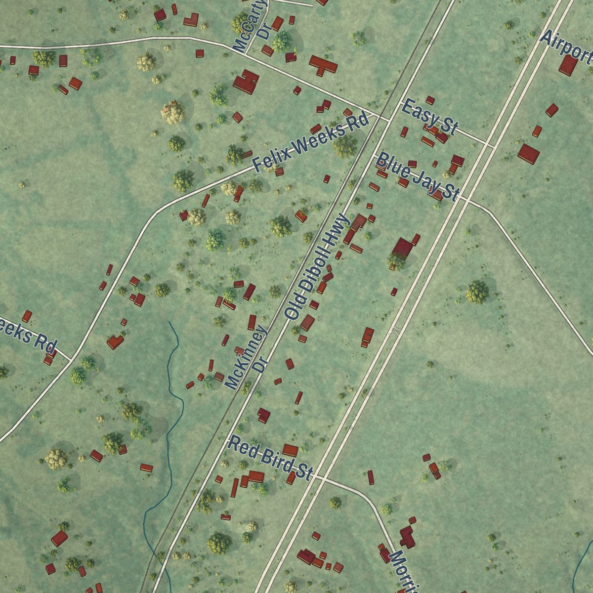Close-up of the map of Burke, Texas print showing street and building detail