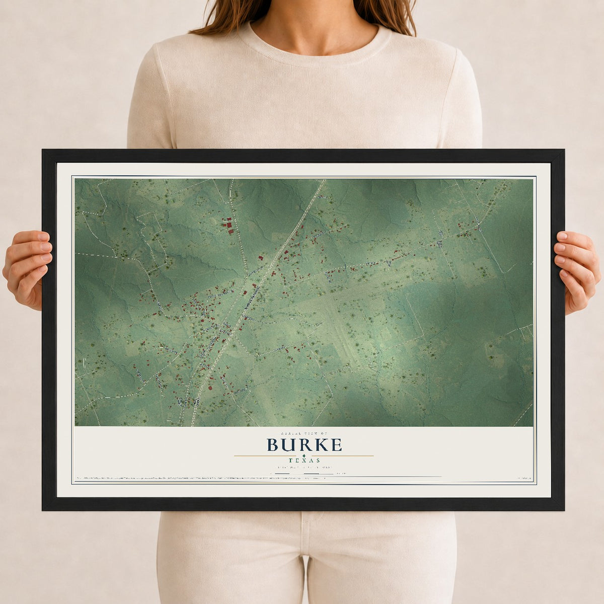 Map of Burke, Texas, 12 x 18 inch print in a black wood frame