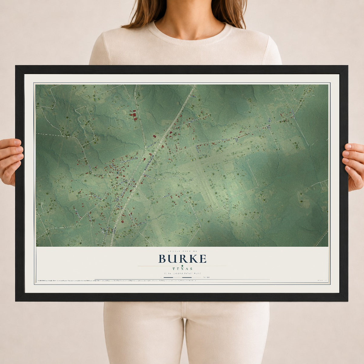 Map of Burke, Texas, 18 x 24 inch print in a black wood frame