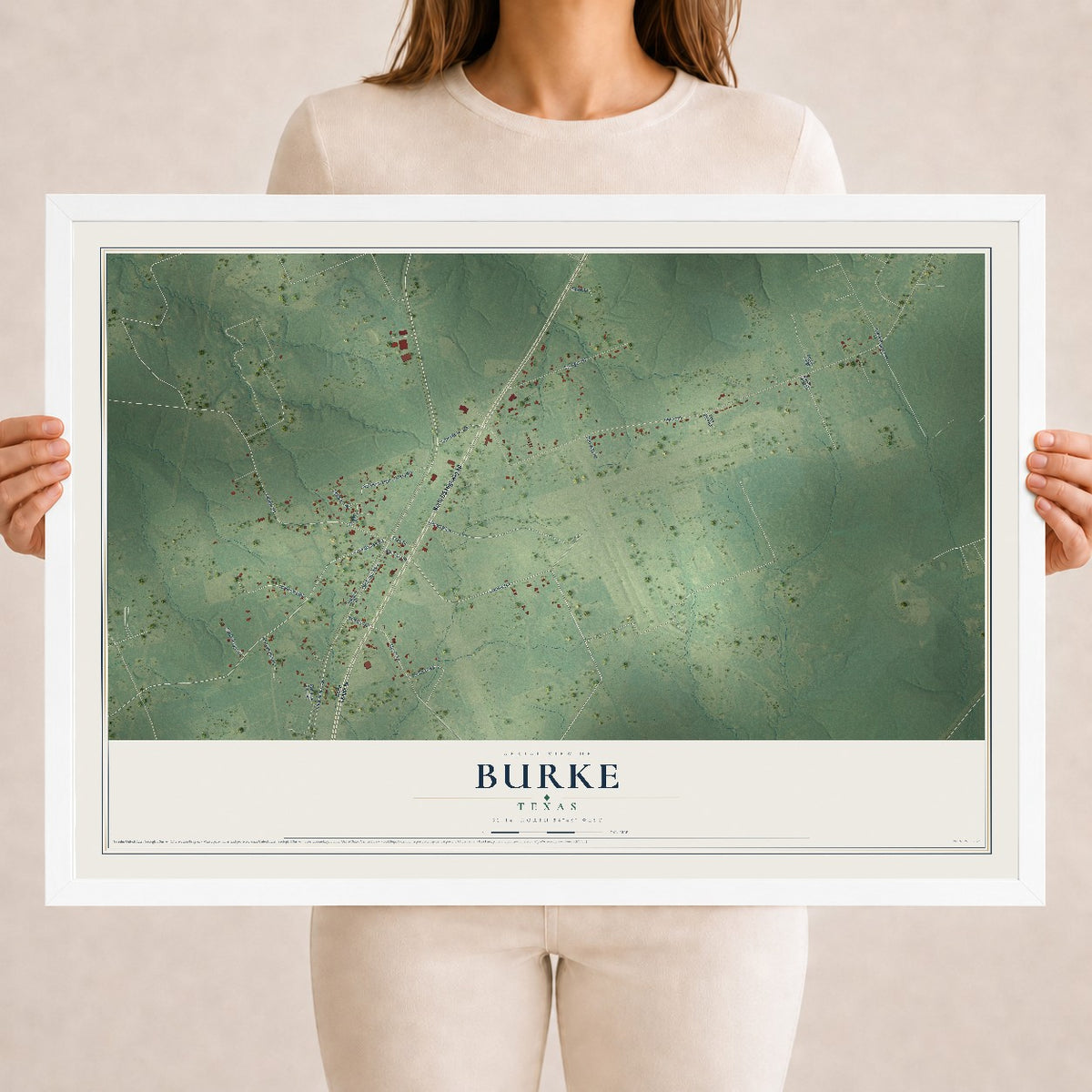 Map of Burke, Texas, 18 x 24 inch print in a white wood frame