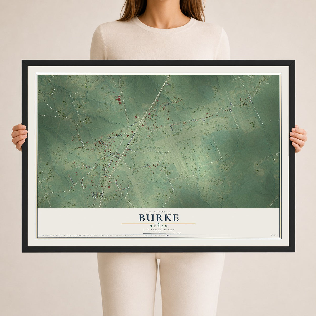 Map of Burke, Texas, 24 x 36 inch print in a black wood frame