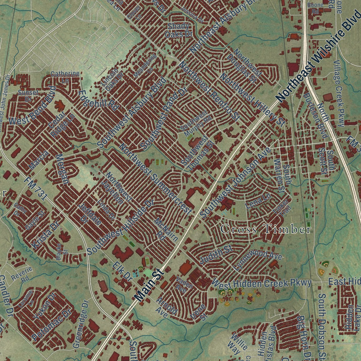 Close-up of the map of Burleson, Texas print showing street and building detail