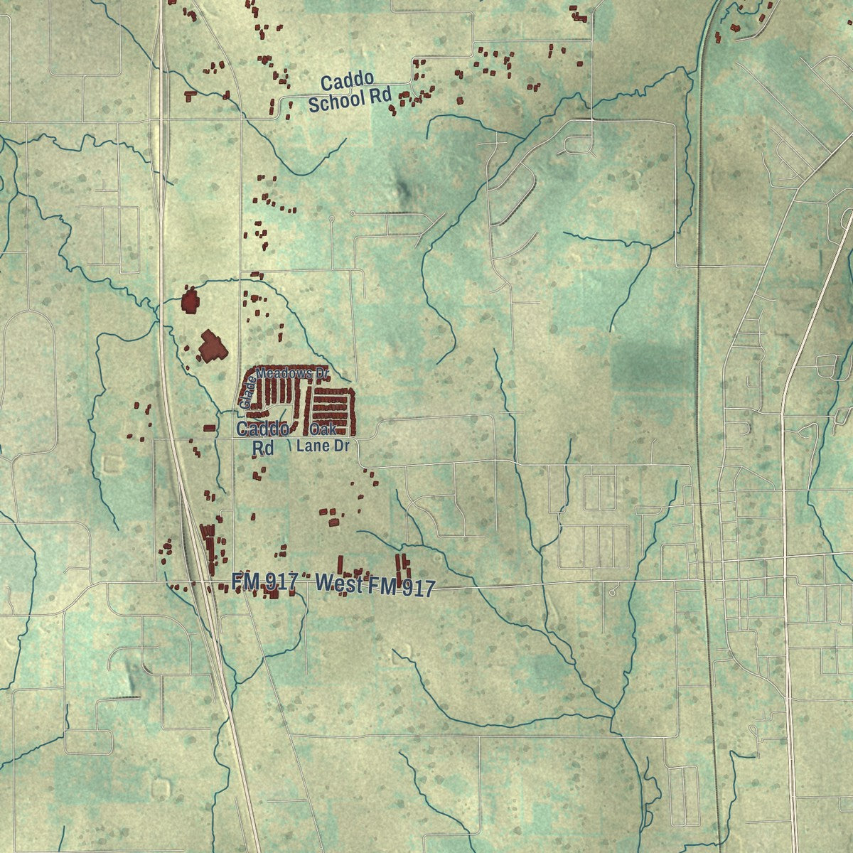 Second close-up of the map of Burleson, Texas print showing more streets and buildings