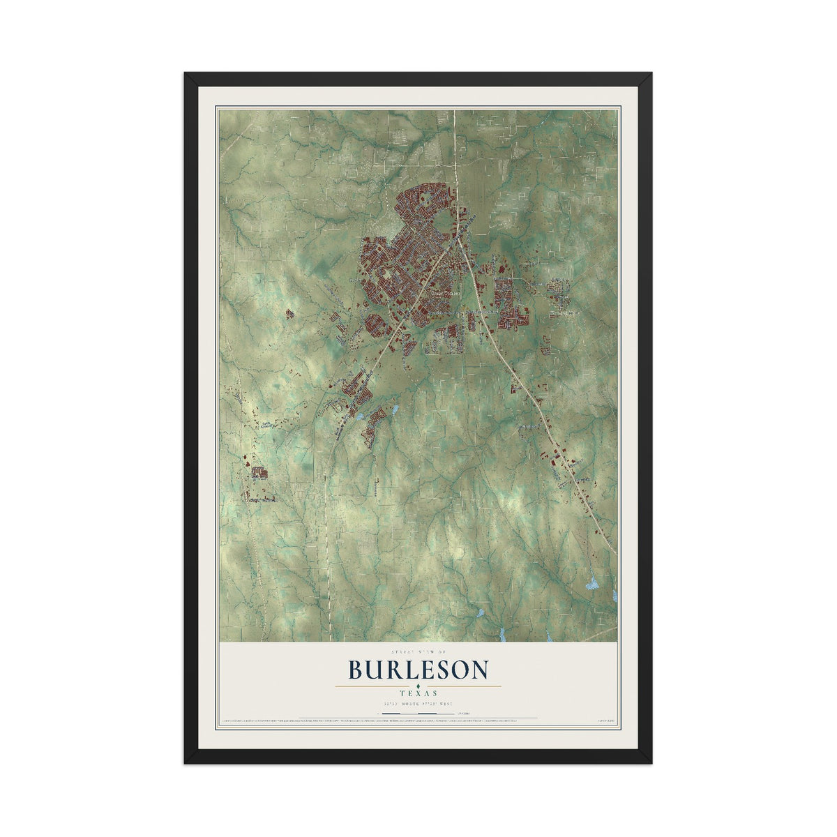 Map of Burleson, Texas, 12 x 18 inch print in a black wood frame