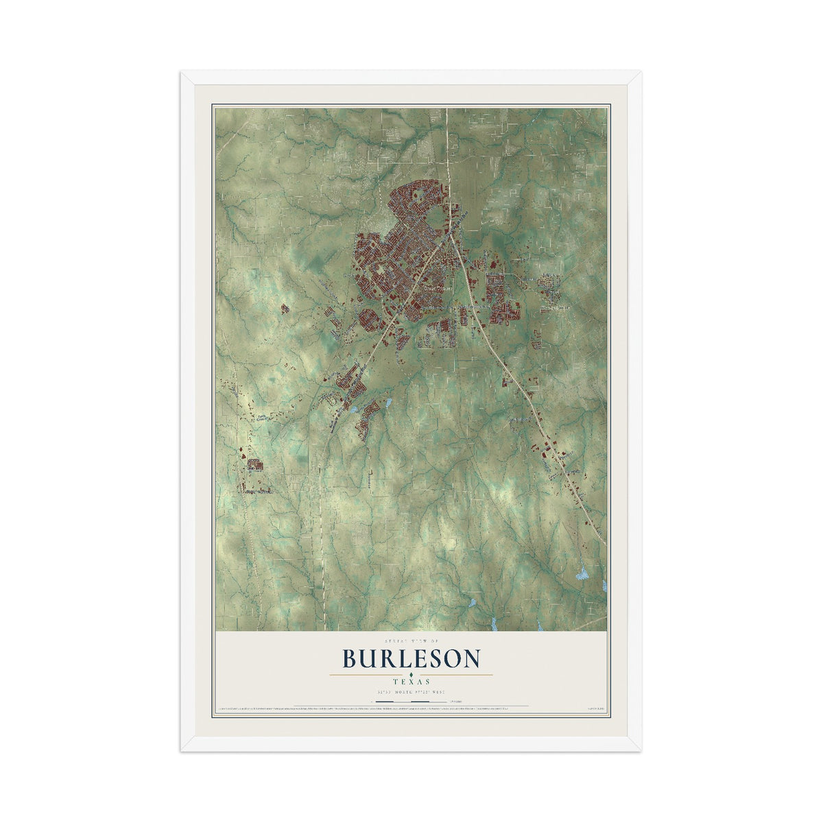Map of Burleson, Texas, 12 x 18 inch print in a white wood frame
