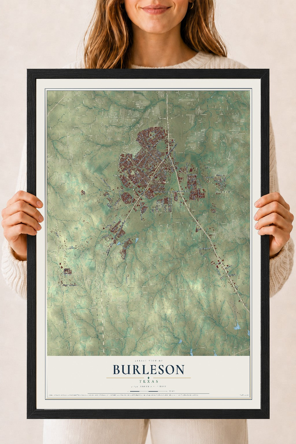 Map of Burleson, Texas, 18 x 24 inch print in a black wood frame