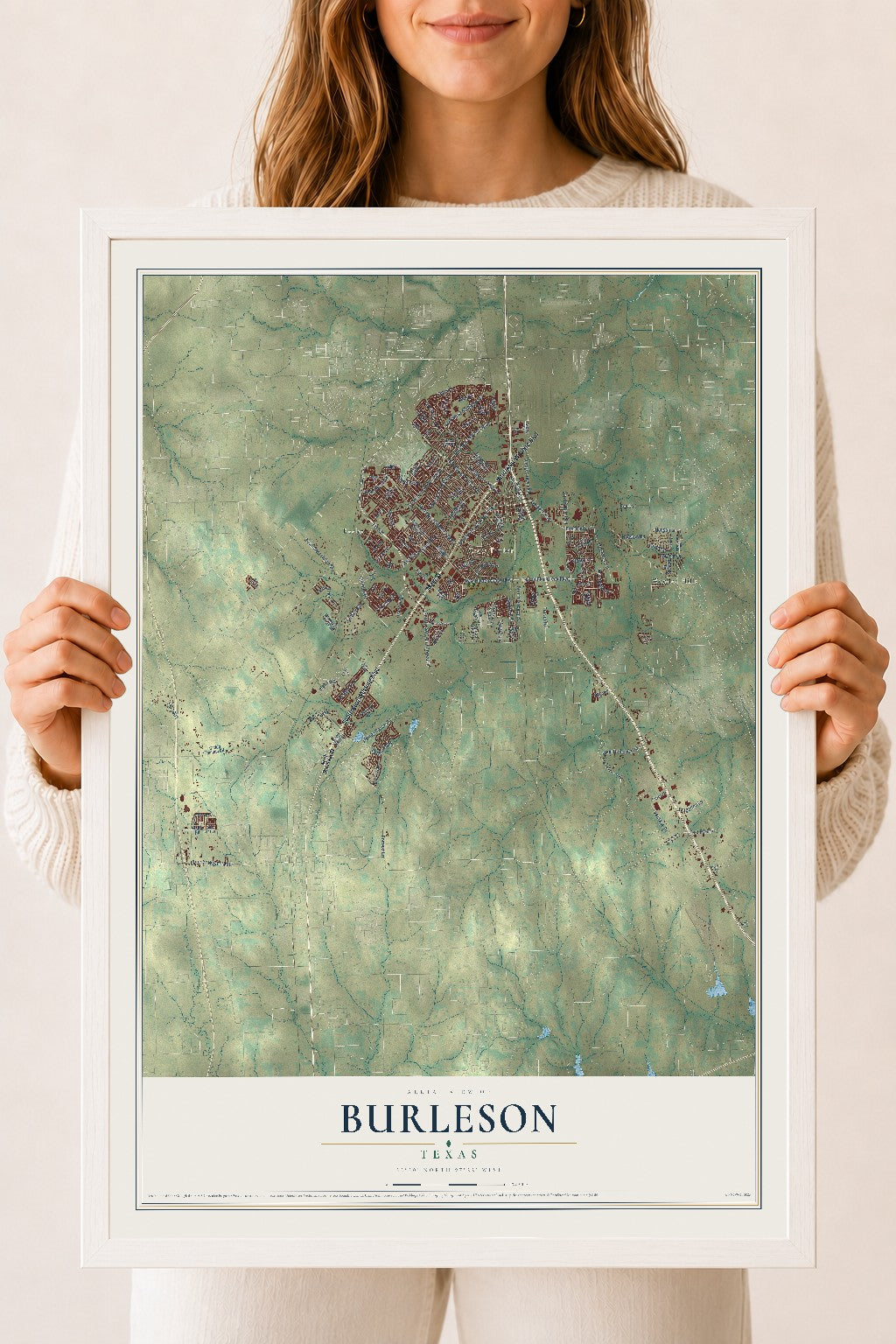 Map of Burleson, Texas, 18 x 24 inch print in a white wood frame