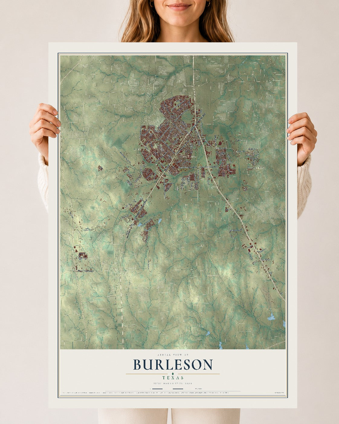 Map of Burleson, Texas, 24 x 36 inch unframed archival matte print