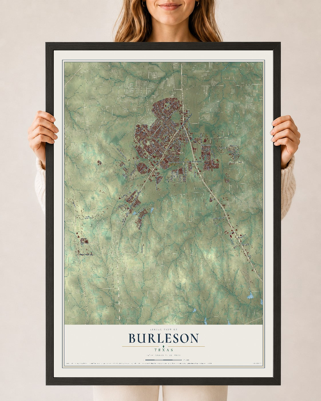 Map of Burleson, Texas, 24 x 36 inch print in a black wood frame