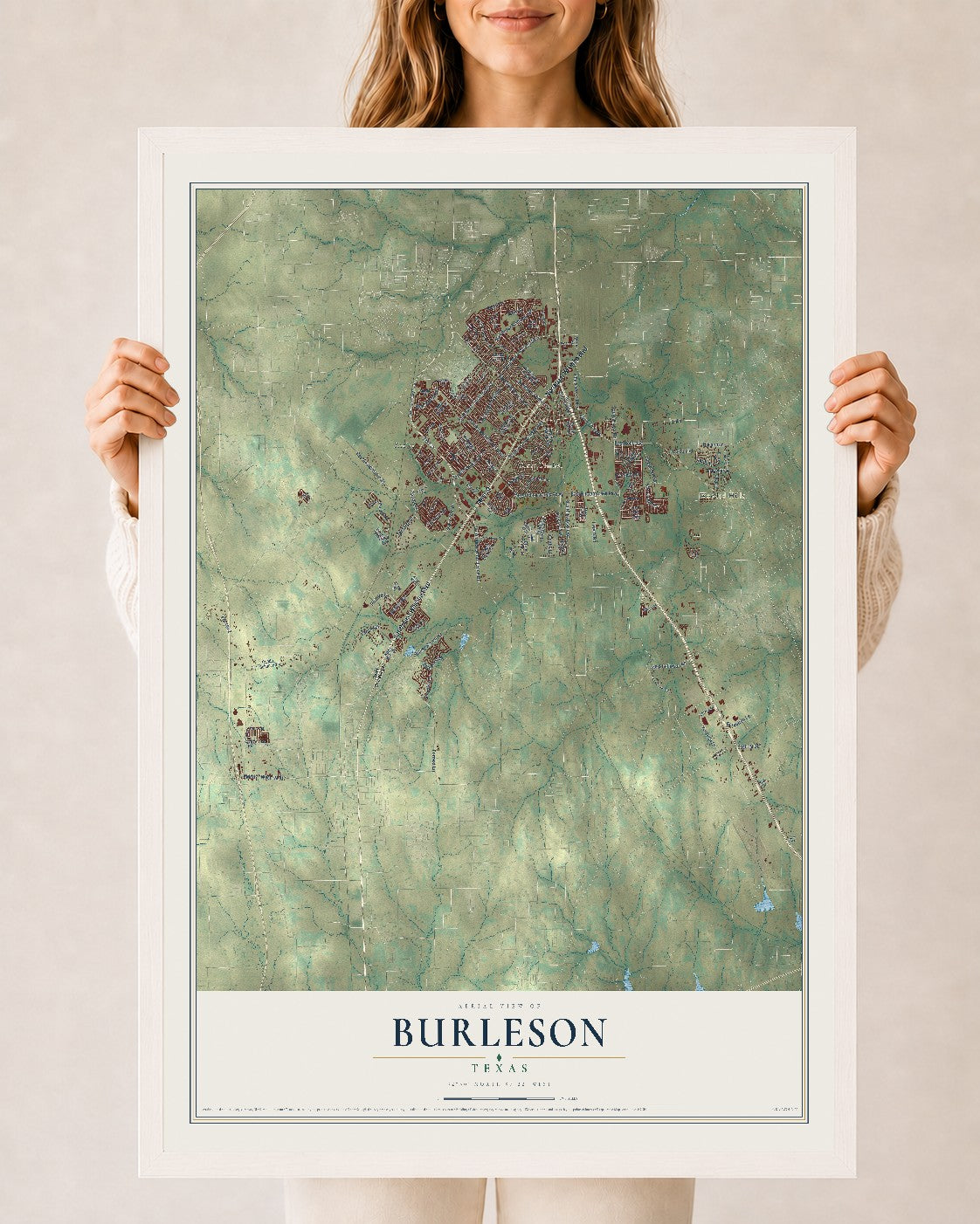 Map of Burleson, Texas, 24 x 36 inch print in a white wood frame