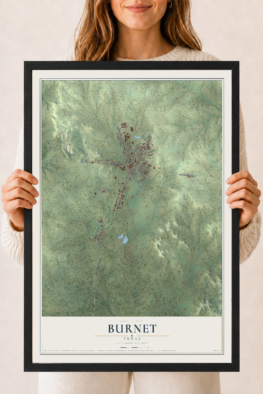 Map of Burnet, Texas, 18 x 24 inch print in a black wood frame