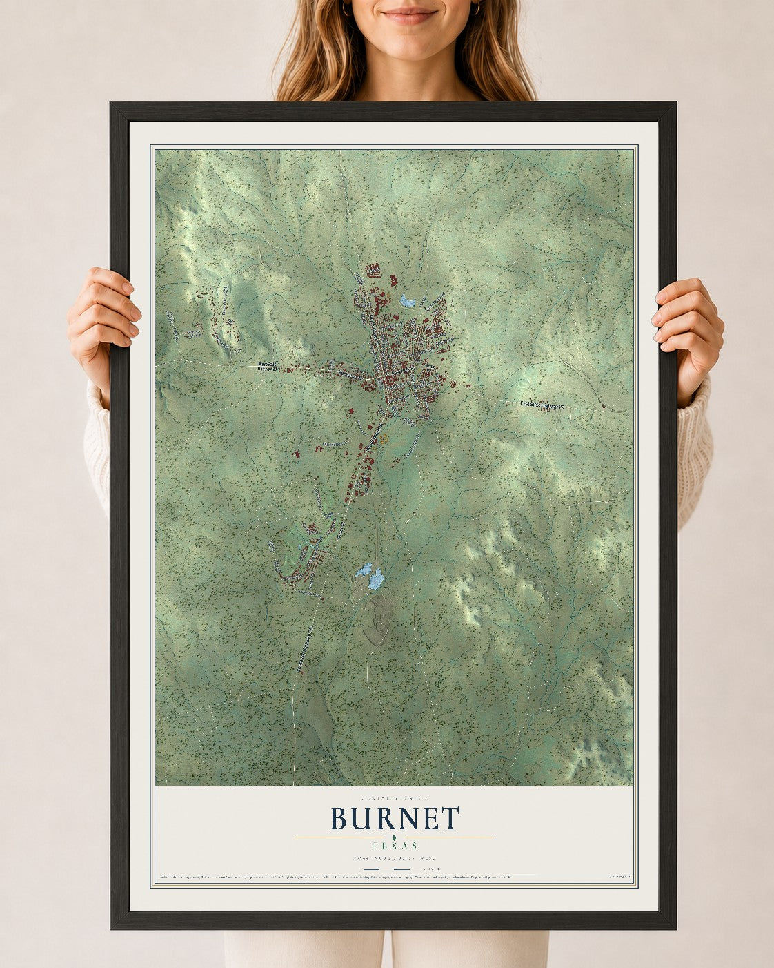 Map of Burnet, Texas, 24 x 36 inch print in a black wood frame