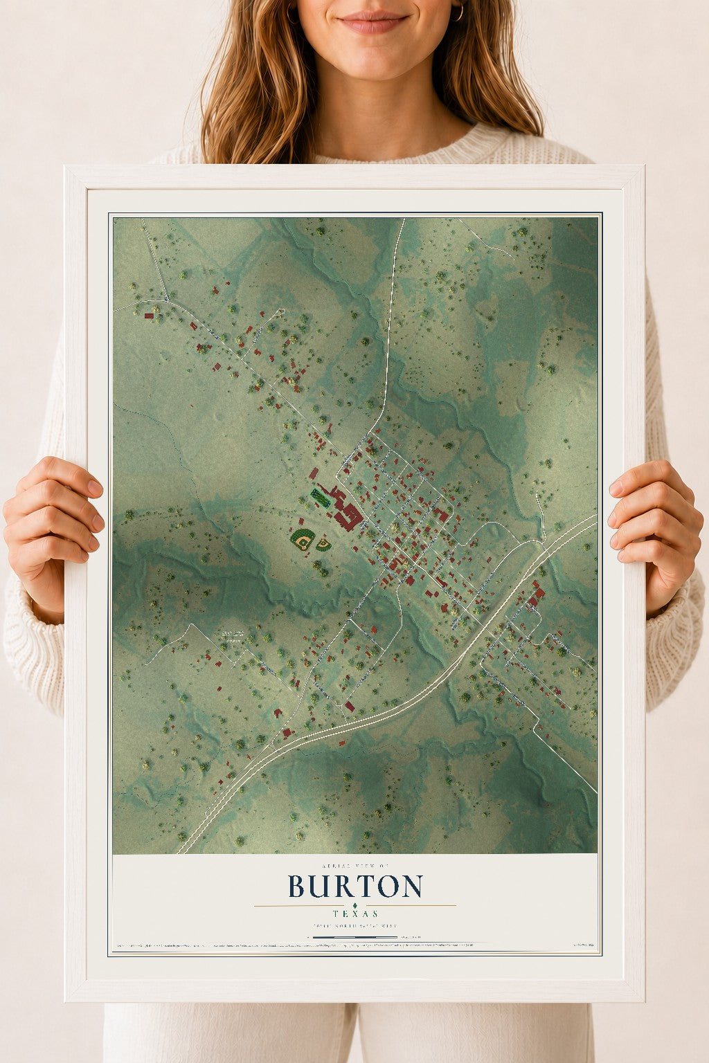 Map of Burton, Texas, 18 x 24 inch print in a white wood frame