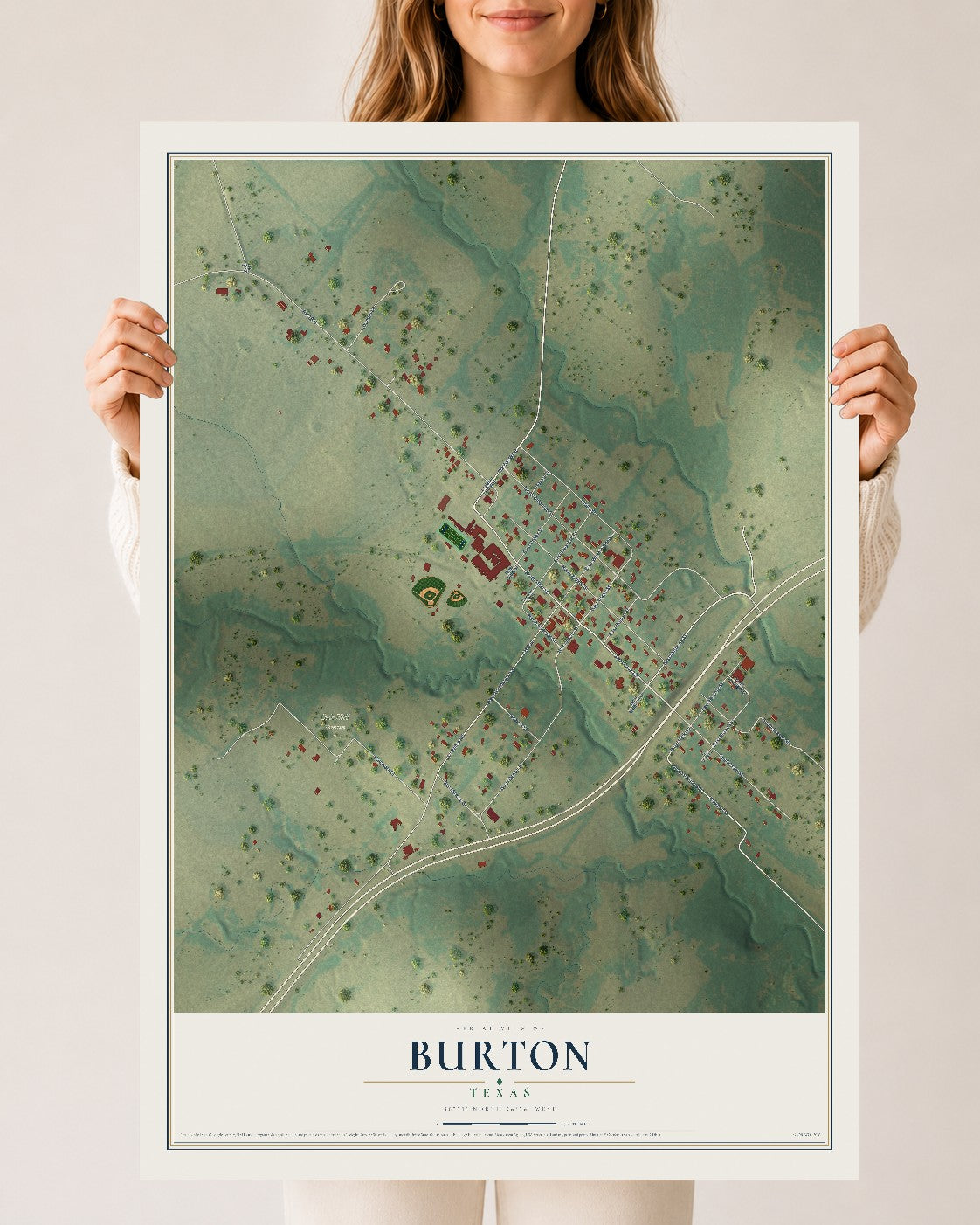 Map of Burton, Texas, 24 x 36 inch unframed archival matte print