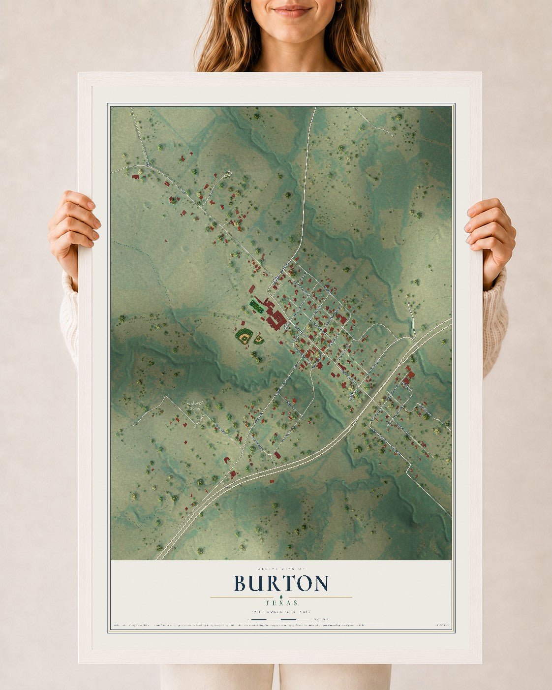 Map of Burton, Texas, 24 x 36 inch print in a white wood frame