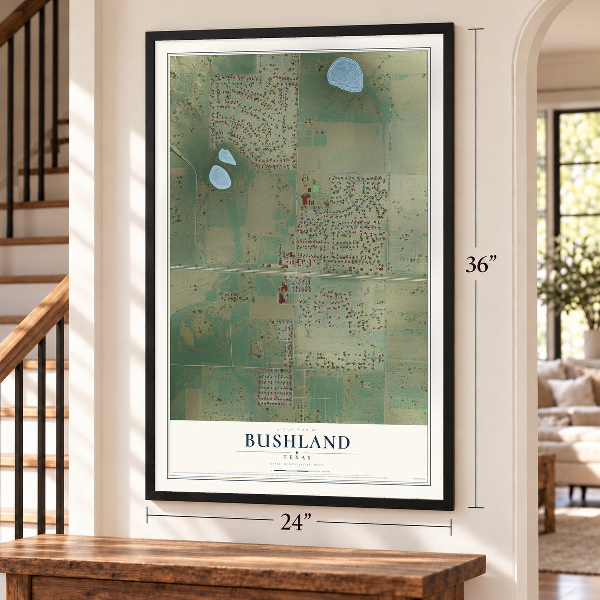 Bushland, Texas map, 24 x 36 inch print in a black frame by a staircase