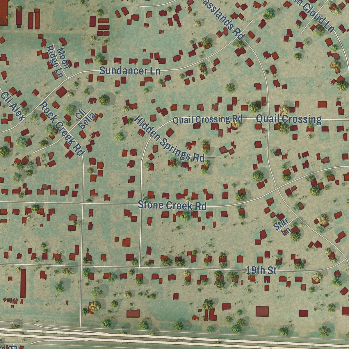 Close-up of the map of Bushland, Texas print showing street and building detail