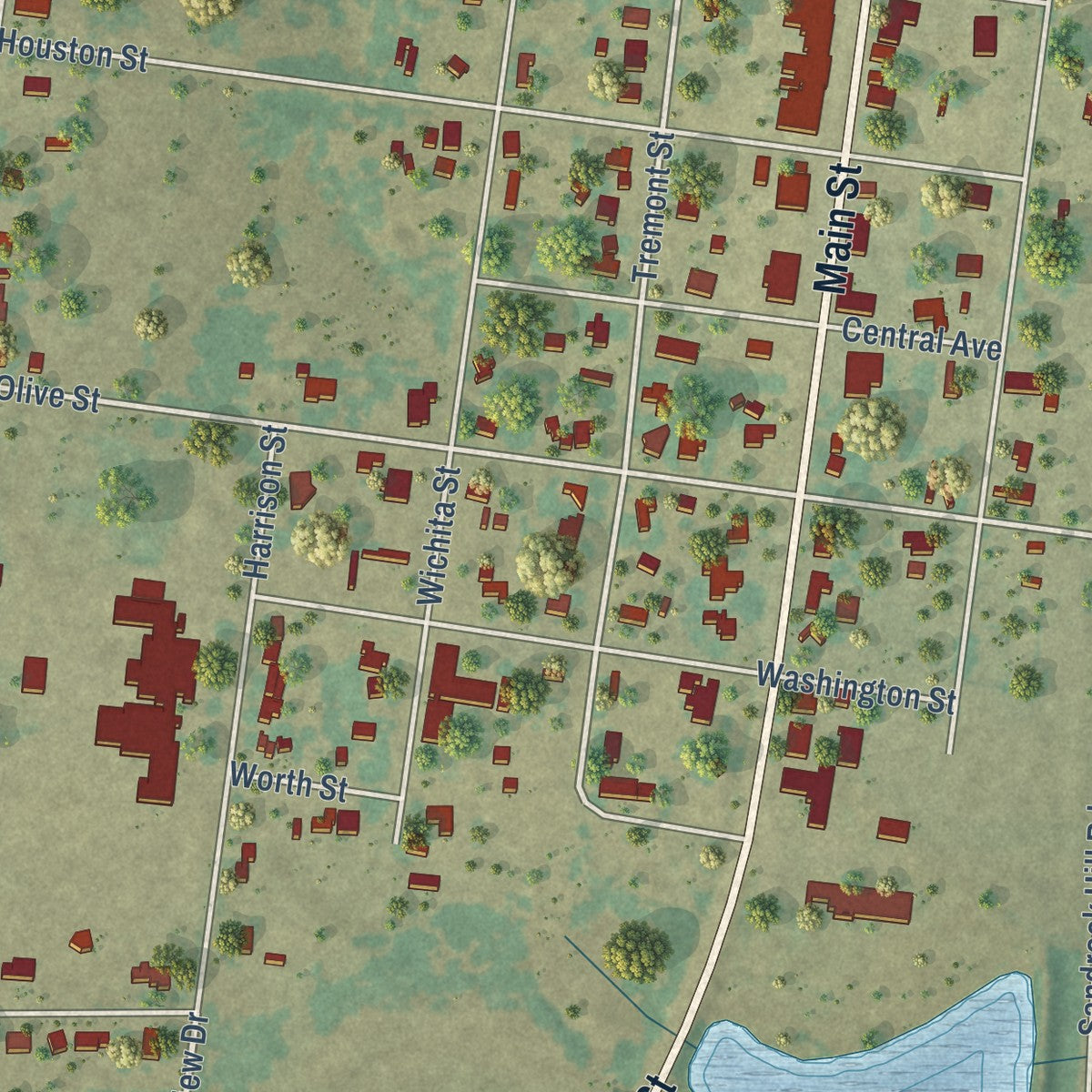 Close-up of the map of Byers, Texas print showing street and building detail