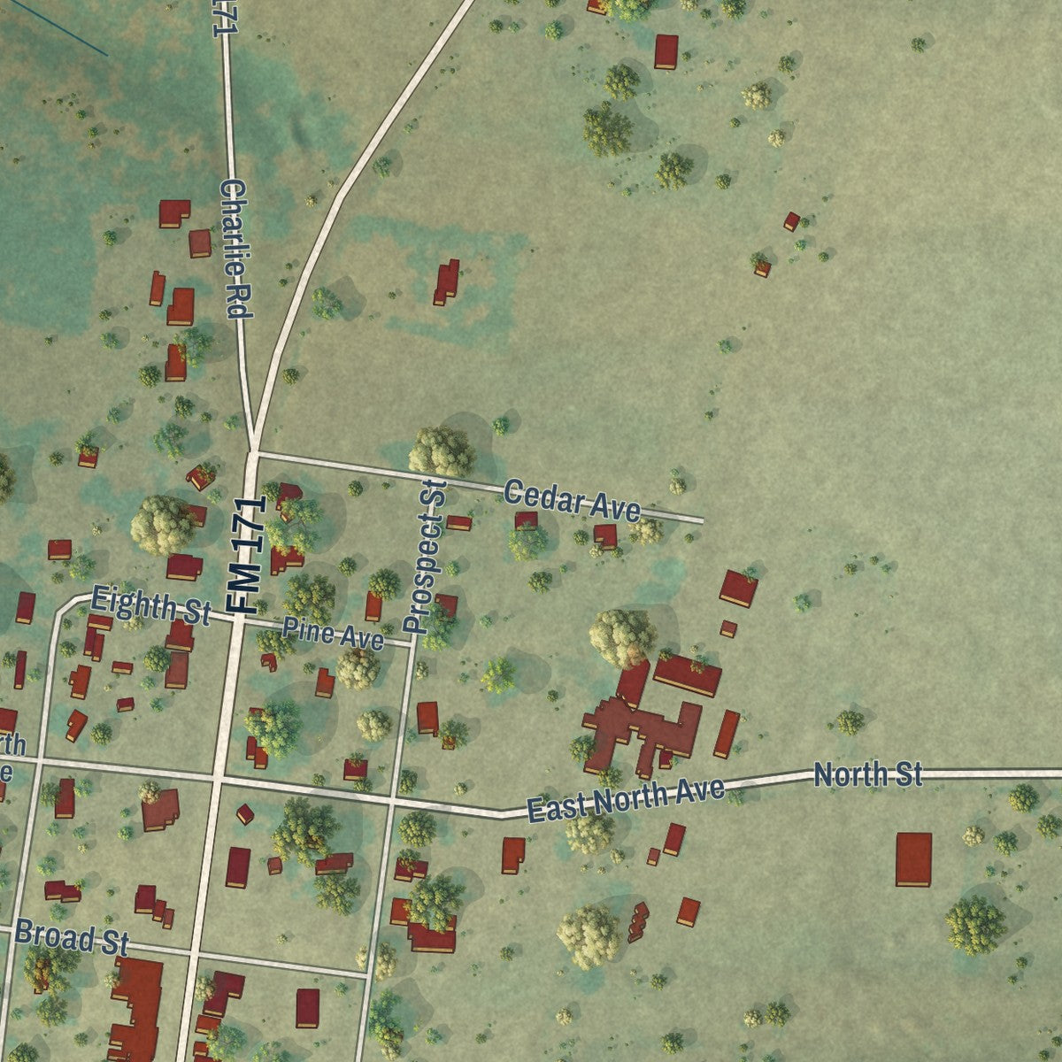 Second close-up of the map of Byers, Texas print showing more streets and buildings
