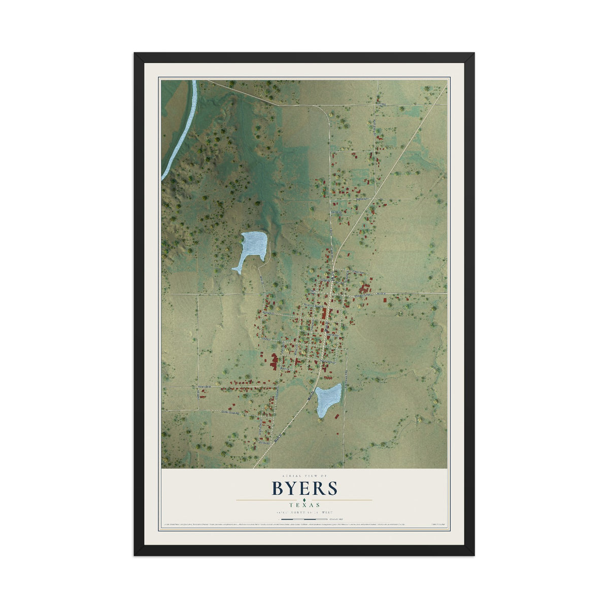 Map of Byers, Texas, 12 x 18 inch print in a black wood frame
