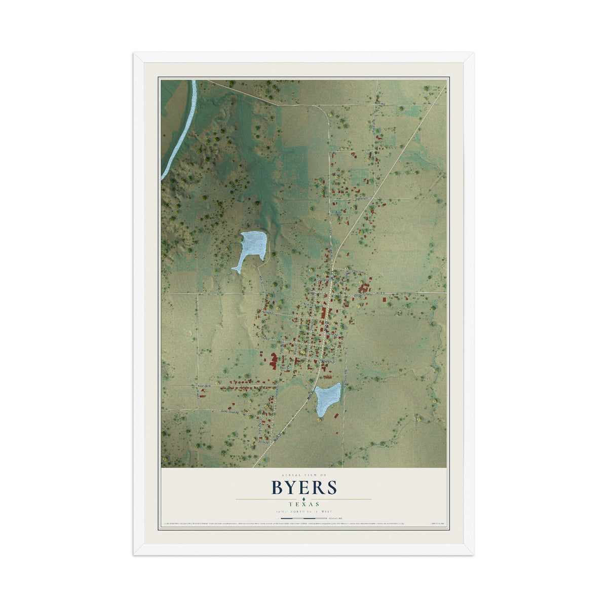 Map of Byers, Texas, 12 x 18 inch print in a white wood frame
