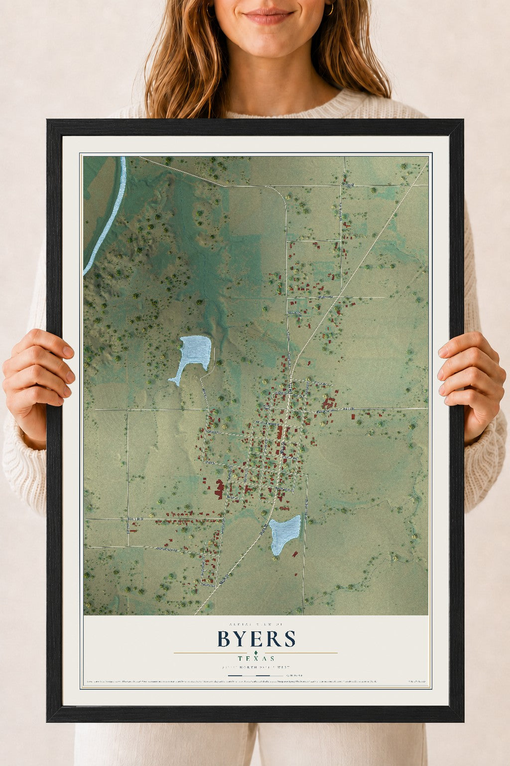 Map of Byers, Texas, 18 x 24 inch print in a black wood frame