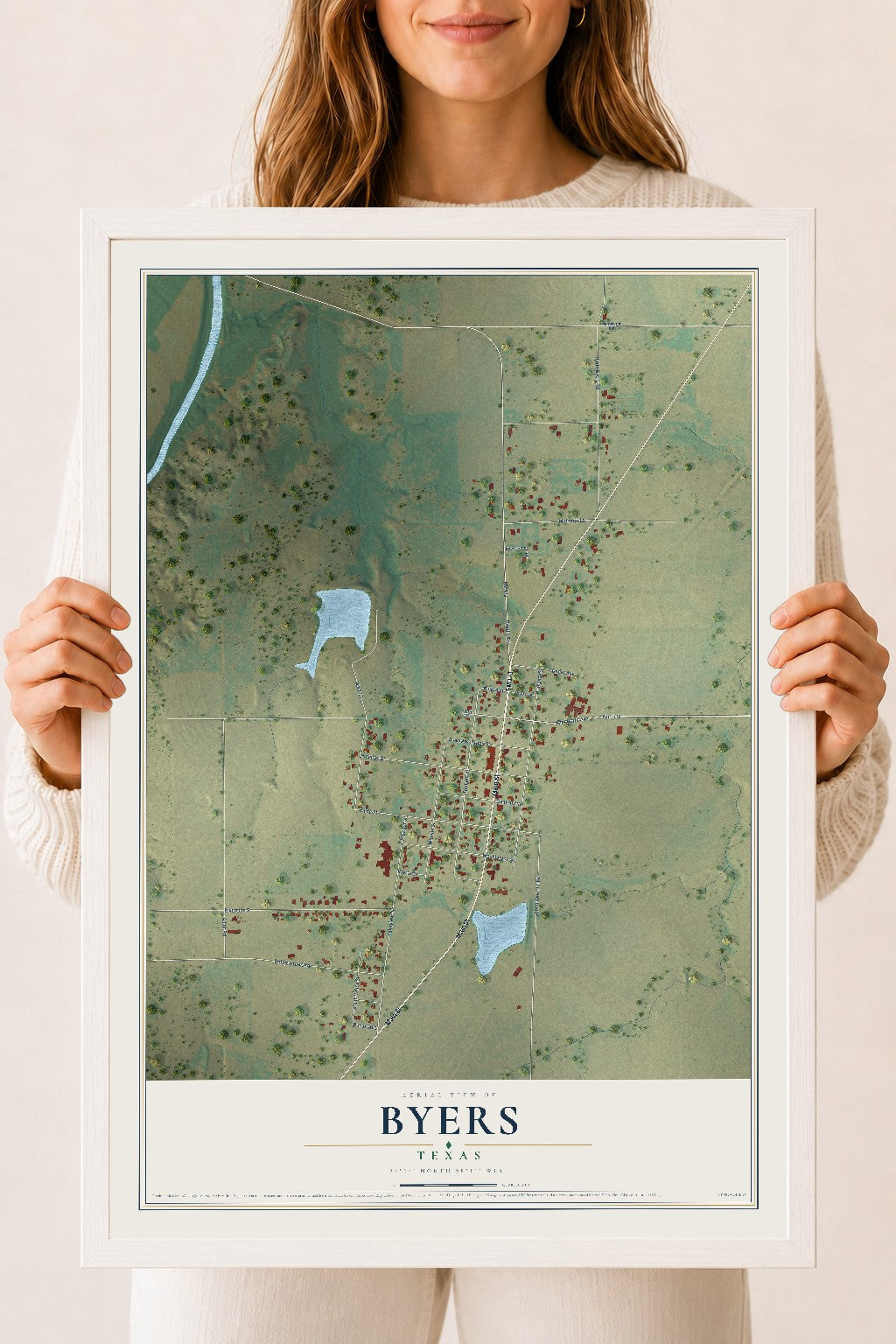 Map of Byers, Texas, 18 x 24 inch print in a white wood frame