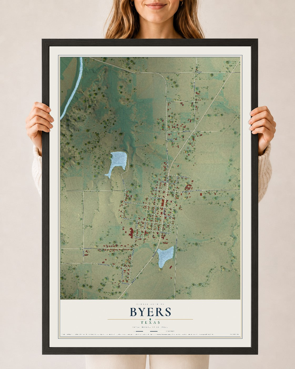 Map of Byers, Texas, 24 x 36 inch print in a black wood frame