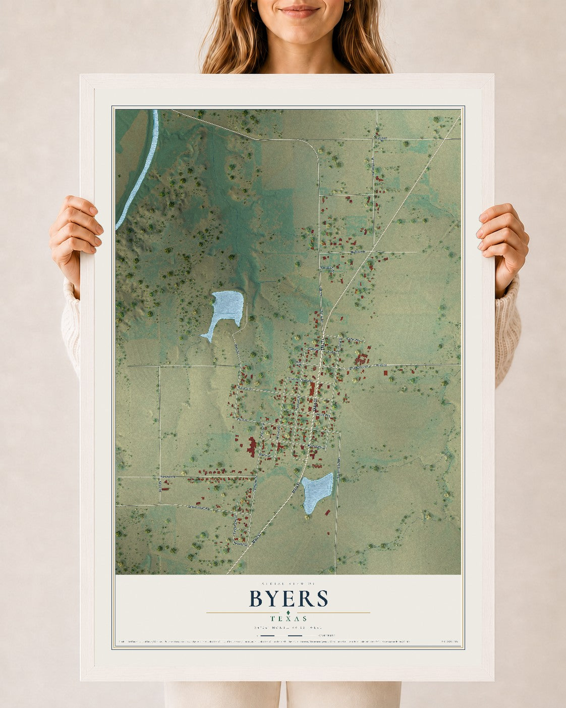 Map of Byers, Texas, 24 x 36 inch print in a white wood frame