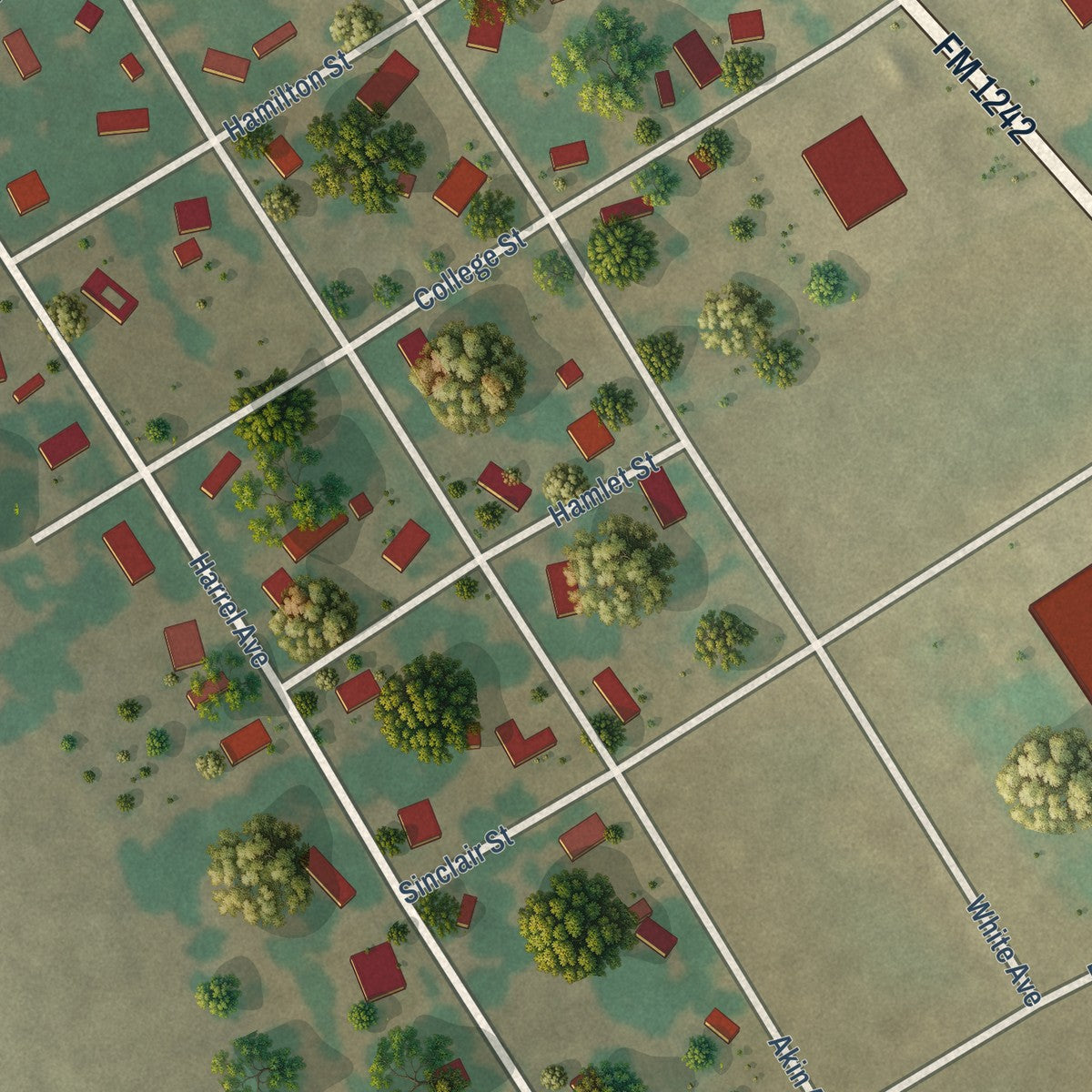 Close-up of the map of Bynum, Texas print showing street and building detail