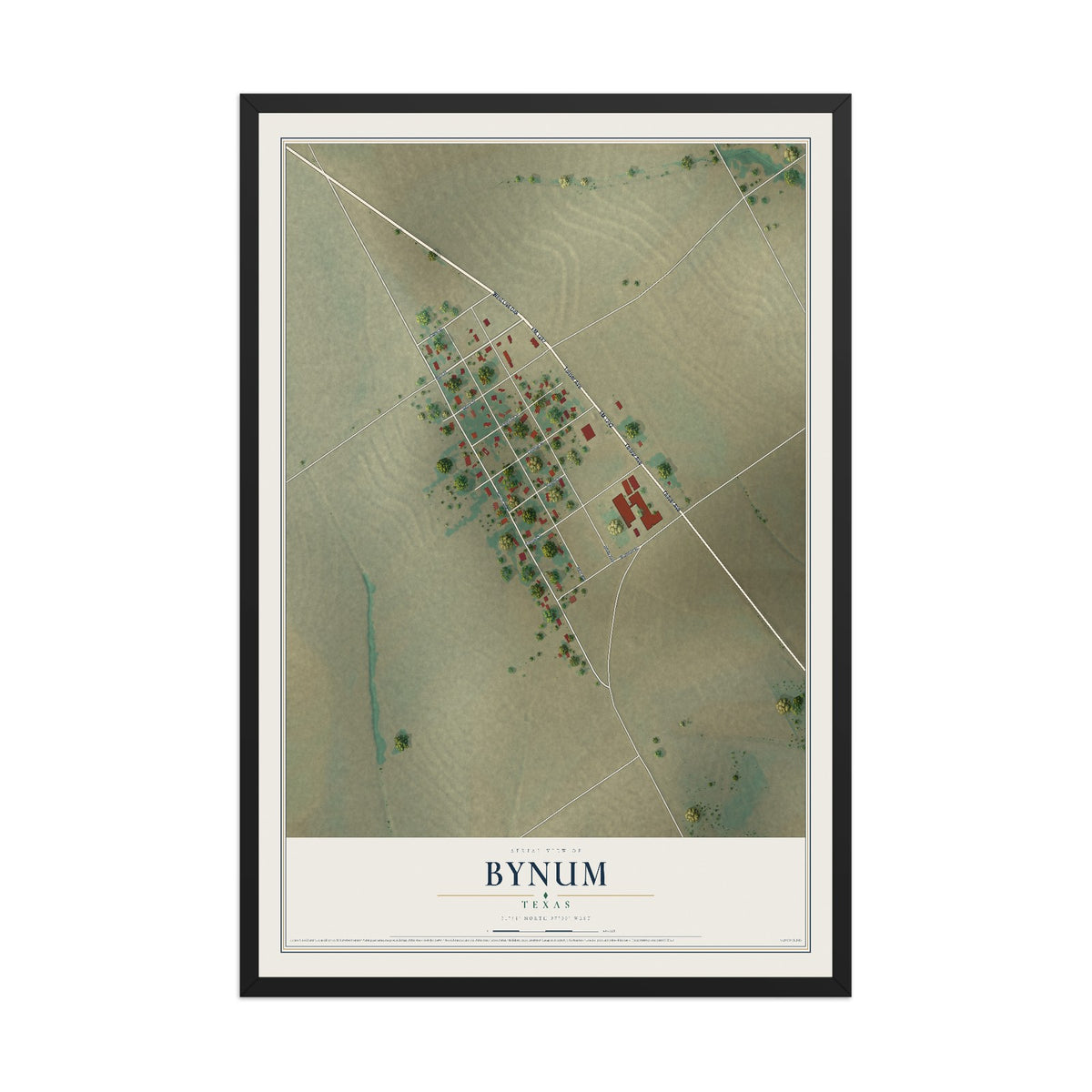 Map of Bynum, Texas, 12 x 18 inch print in a black wood frame