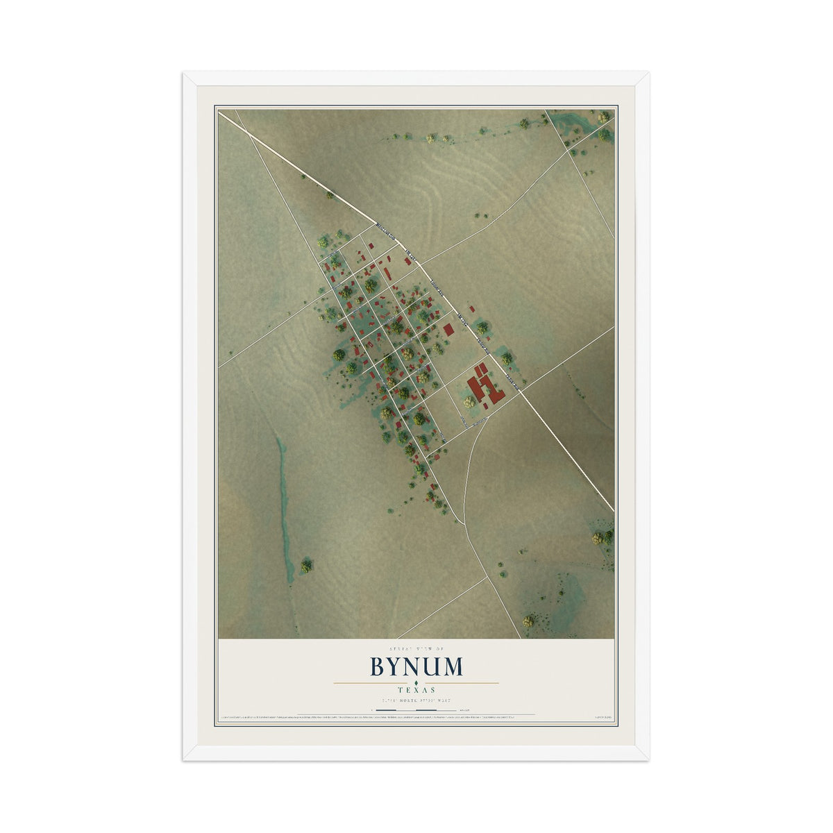 Map of Bynum, Texas, 12 x 18 inch print in a white wood frame