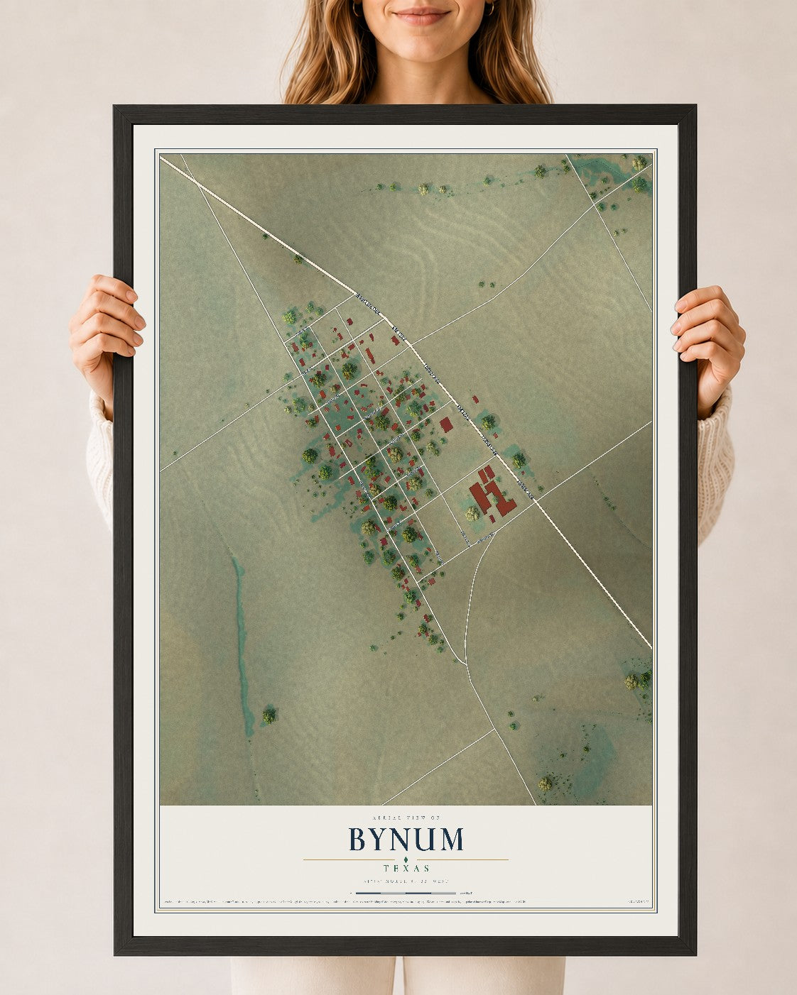 Map of Bynum, Texas, 24 x 36 inch print in a black wood frame
