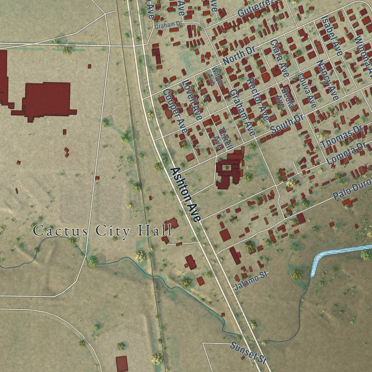 Close-up of the map of Cactus, Texas print showing street and building detail