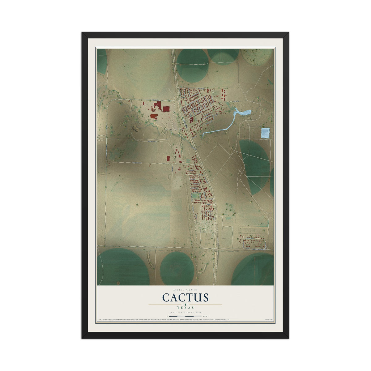 Map of Cactus, Texas, 12 x 18 inch print in a black wood frame