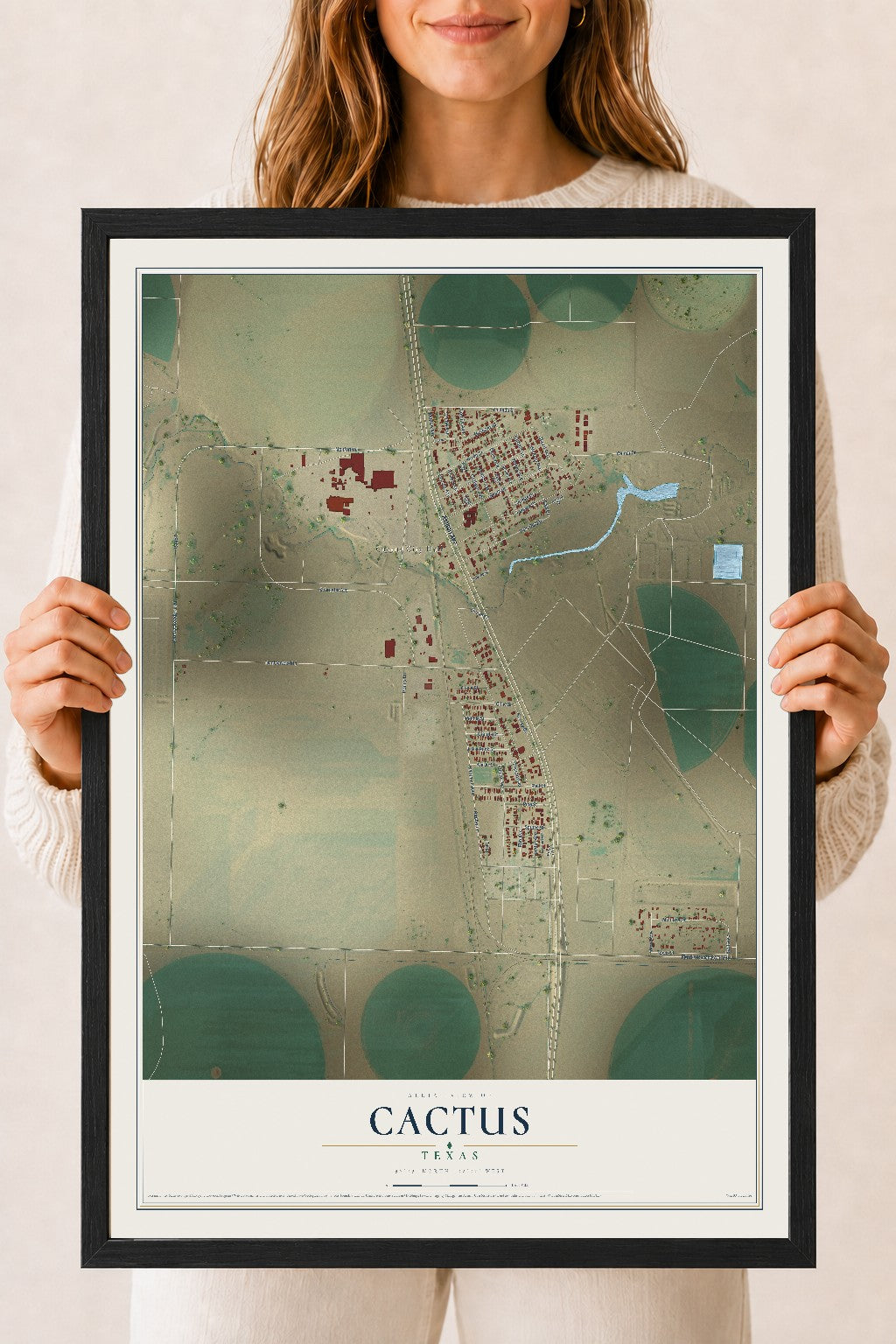 Map of Cactus, Texas, 18 x 24 inch print in a black wood frame