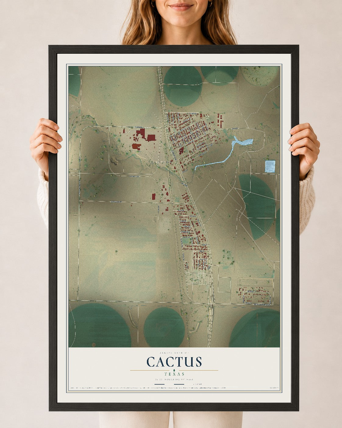 Map of Cactus, Texas, 24 x 36 inch print in a black wood frame