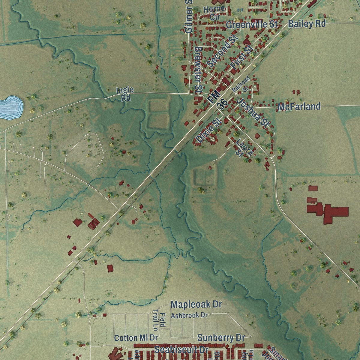 Close-up of the map of Caddo Mills, Texas print showing street and building detail