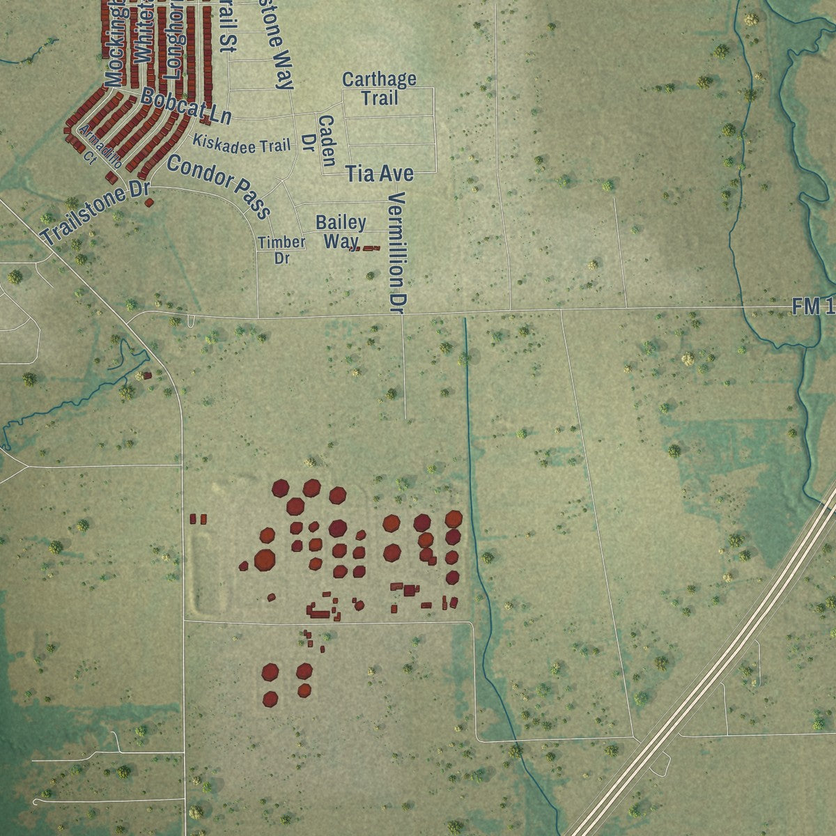 Second close-up of the map of Caddo Mills, Texas print showing more streets and buildings