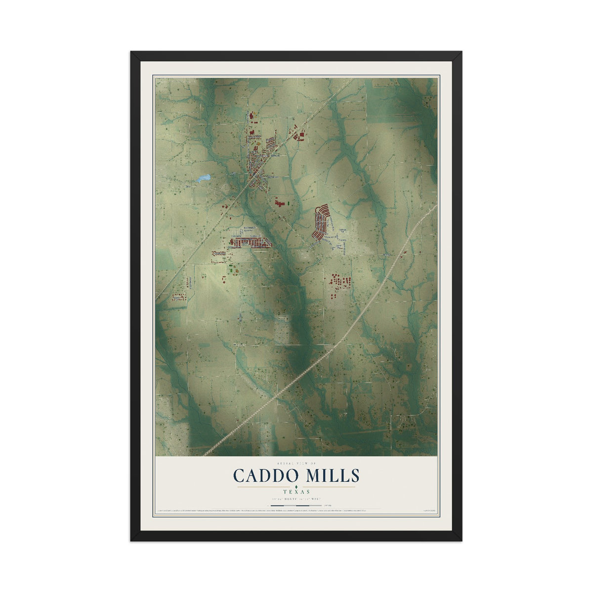 Map of Caddo Mills, Texas, 12 x 18 inch print in a black wood frame