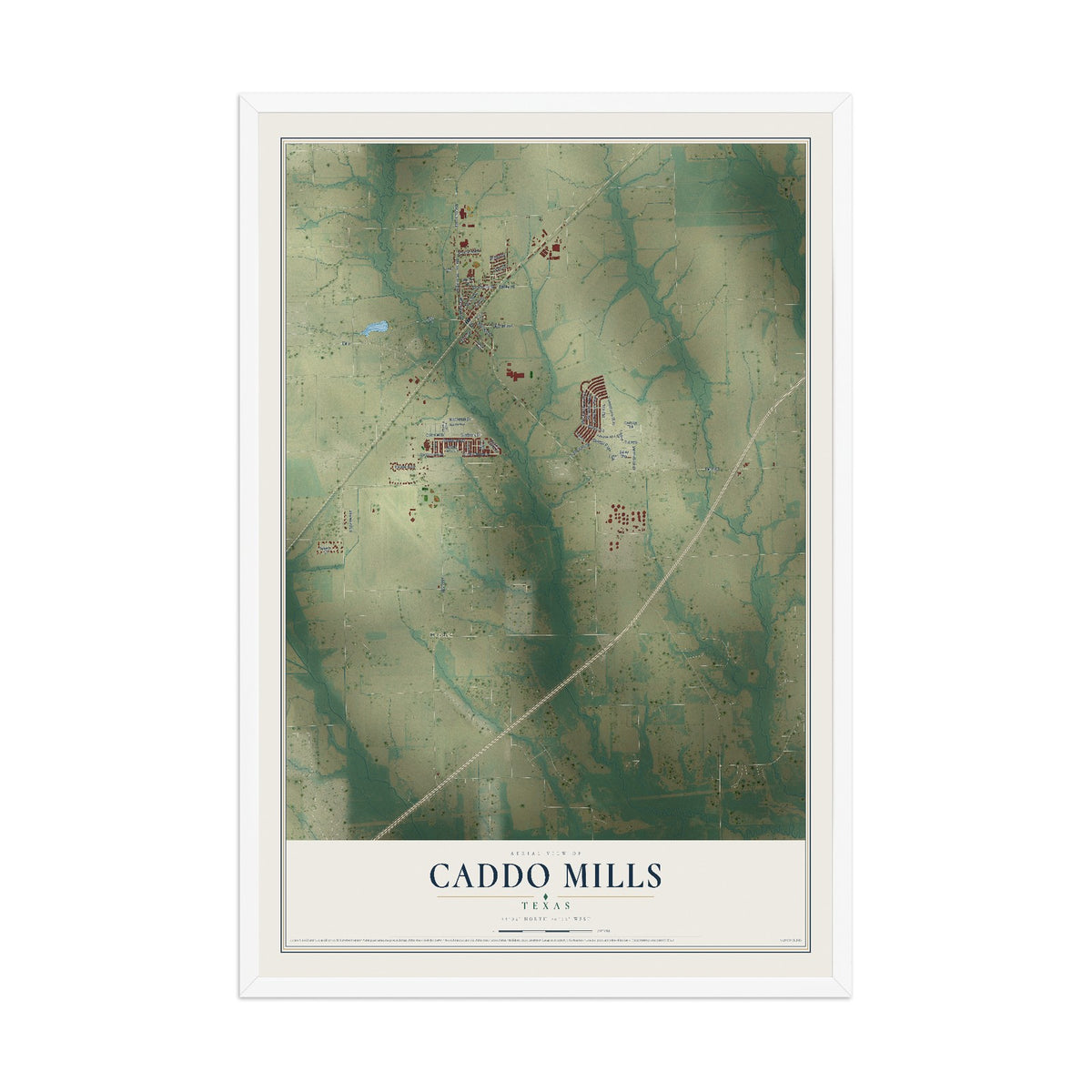 Map of Caddo Mills, Texas, 12 x 18 inch print in a white wood frame